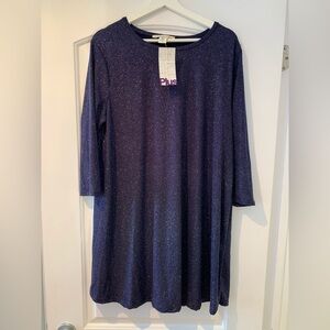 NWT C&C California Dress Blue Shimmer Shiny Plus Sz 1X  3/4 Sleeve Loose Fitting